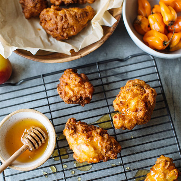 ENVY™ APPLE AND BACON CORN FRITTERS WITH A HABANERO HONEY GLAZE